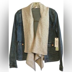 NEW Tribal Jeans Cream Knit Shawl Collar Denim Jacket Chic Stylish Casual Size S